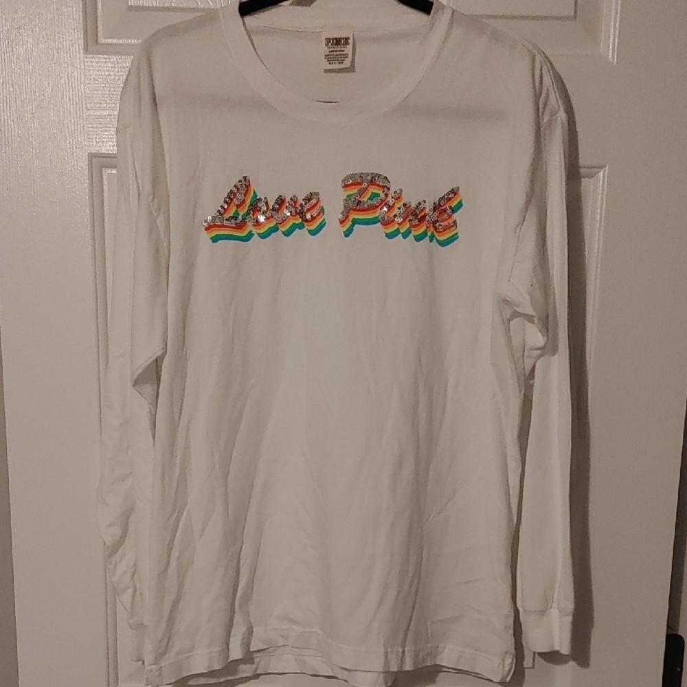 PINK Victoria's Secret White Campus Longsleeve Top with Vibrant Logo Women's LG